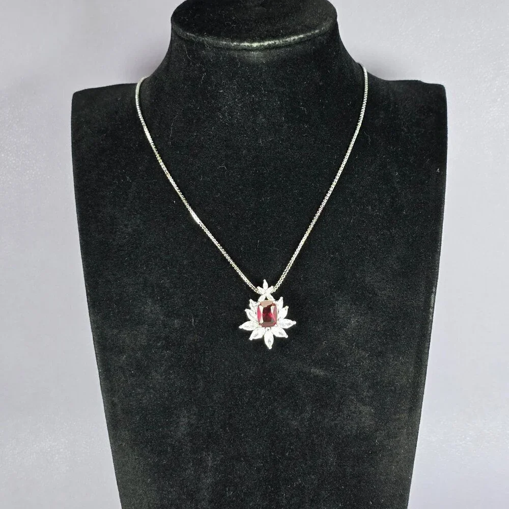 Elegant Silver-Plated Synthetic Ruby Pendant‎ Necklace (NWOT)